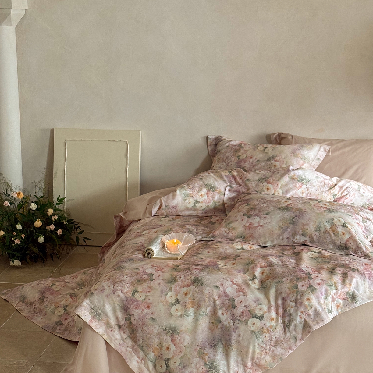 91家纺网 家纺一手货源 找家纺 禾时 2025新款天丝棉磨毛数码印花四件套 卡米莉亚-粉