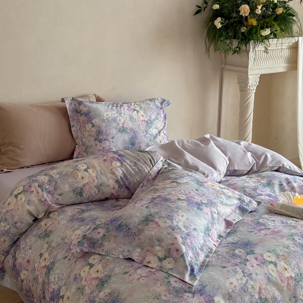 91家纺网 家纺一手货源 找家纺 禾时 2025新款天丝棉磨毛数码印花四件套 卡米莉亚-紫