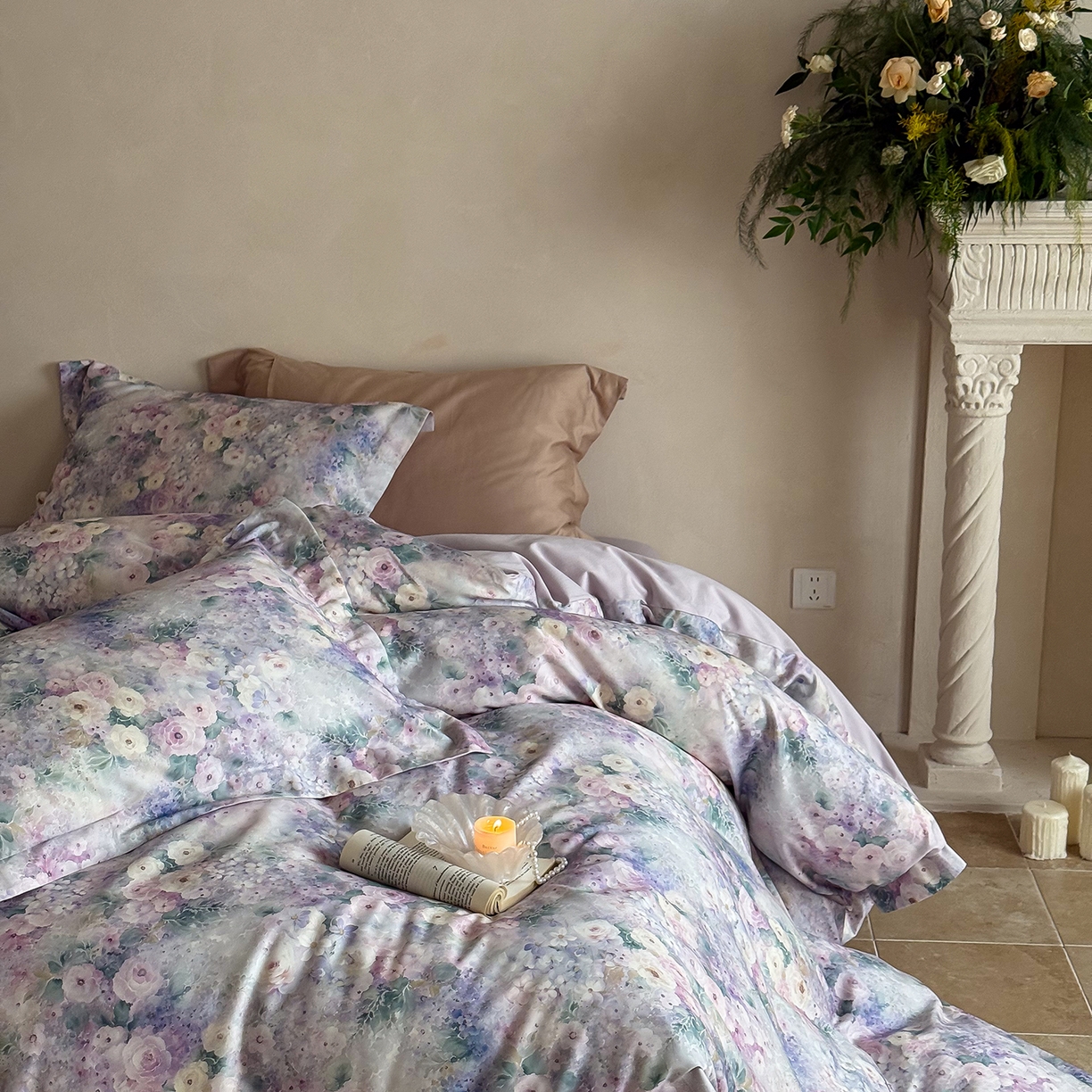 91家纺网 家纺一手货源 找家纺 禾时 2025新款天丝棉磨毛数码印花四件套 卡米莉亚-紫