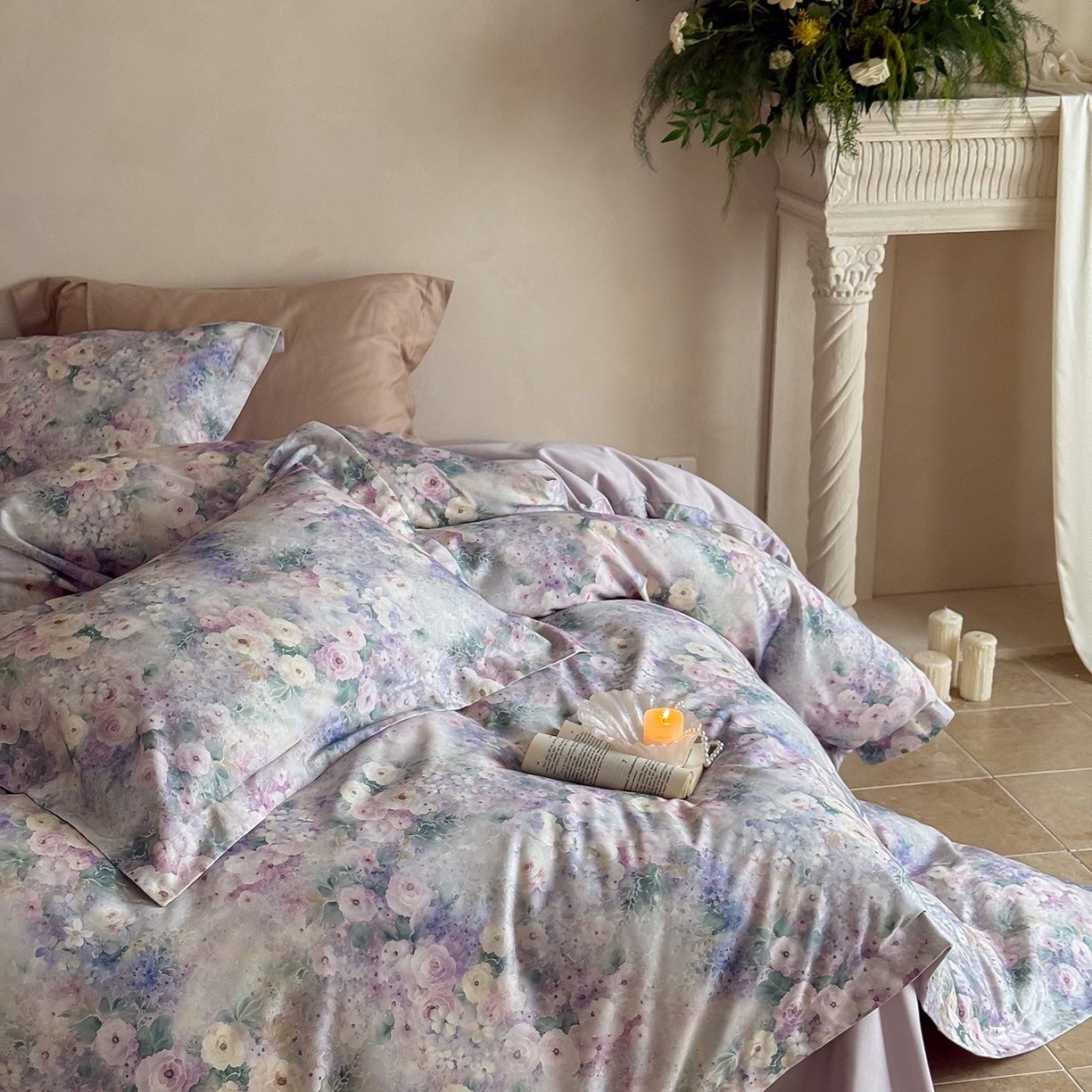 91家纺网 家纺一手货源 找家纺 禾时 2025新款天丝棉磨毛数码印花四件套 卡米莉亚-紫