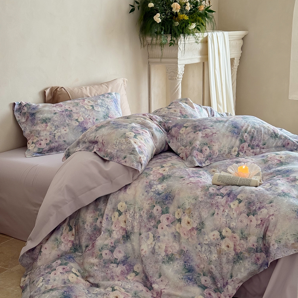 91家纺网 家纺一手货源 找家纺 禾时 2025新款天丝棉磨毛数码印花四件套 卡米莉亚-紫