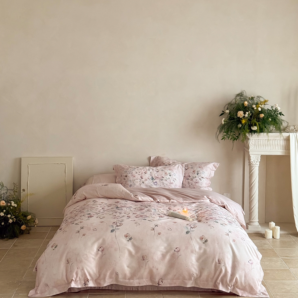 禾时 2025新款天丝棉磨毛数码印花四件套 玫瑰日记-粉