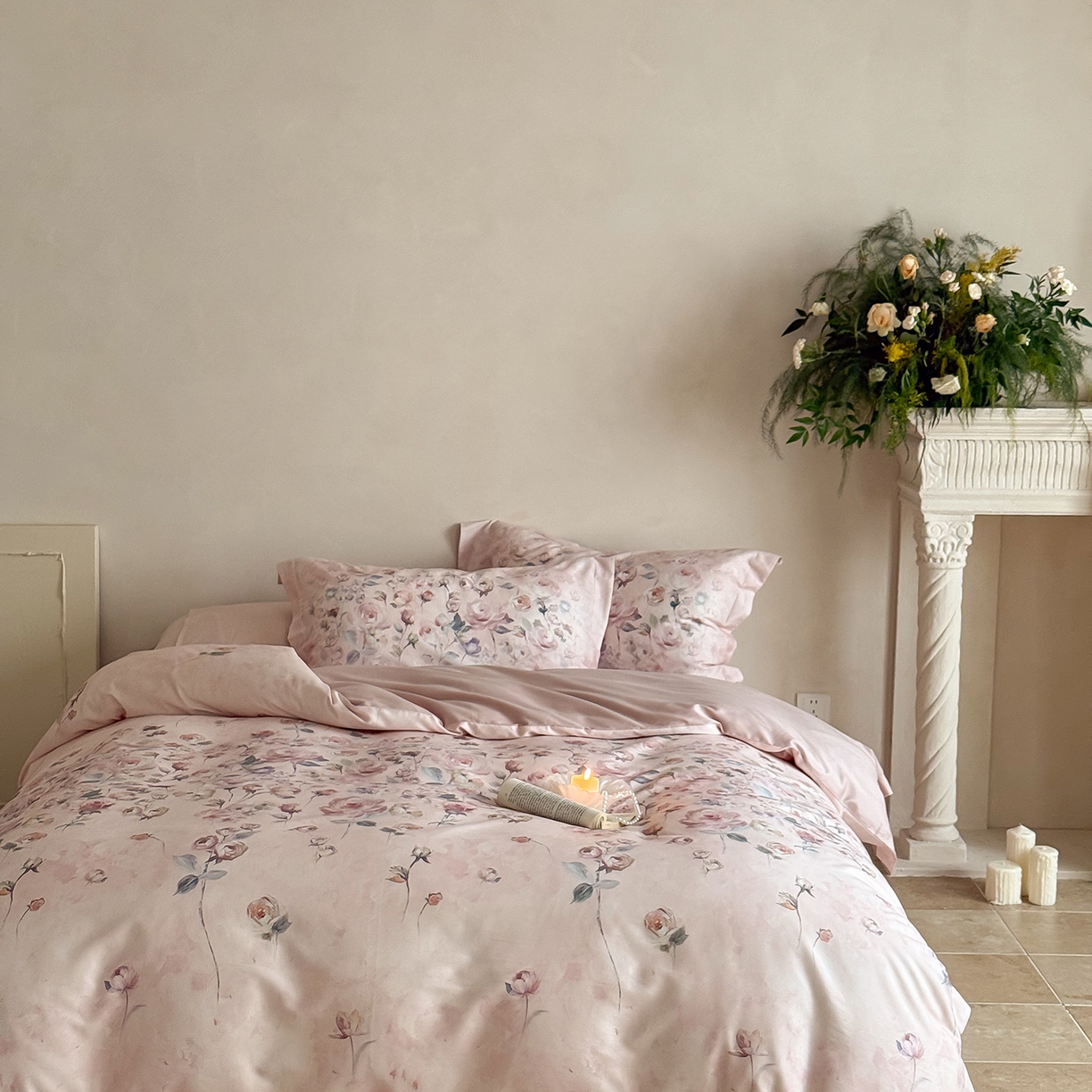 91家纺网 家纺一手货源 找家纺 禾时 2025新款天丝棉磨毛数码印花四件套 玫瑰日记-粉