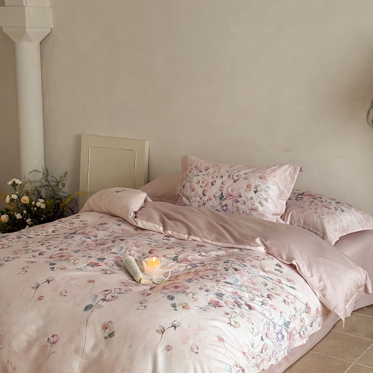 91家纺网 家纺一手货源 找家纺 禾时 2025新款天丝棉磨毛数码印花四件套 玫瑰日记-粉