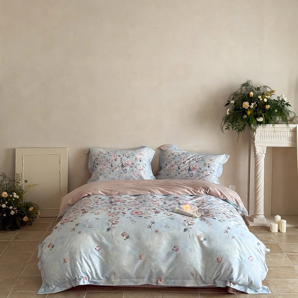 禾时 2025新款天丝棉磨毛数码印花四件套 玫瑰日记-蓝