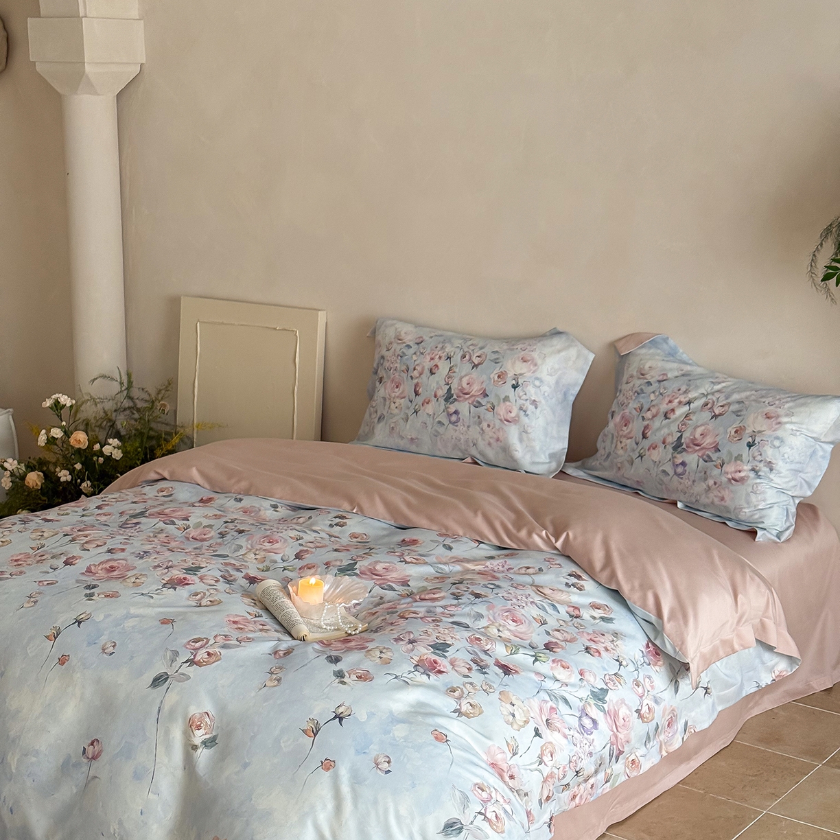 91家纺网 家纺一手货源 找家纺 禾时 2025新款天丝棉磨毛数码印花四件套 玫瑰日记-蓝