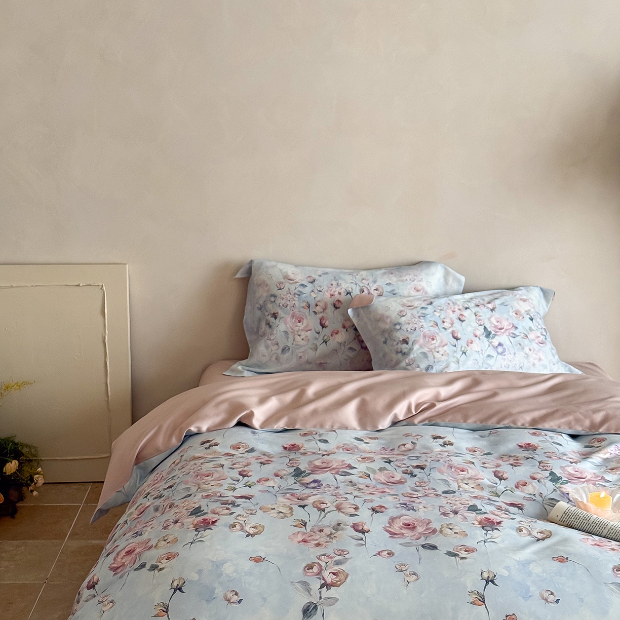 91家纺网 家纺一手货源 找家纺 禾时 2025新款天丝棉磨毛数码印花四件套 玫瑰日记-蓝