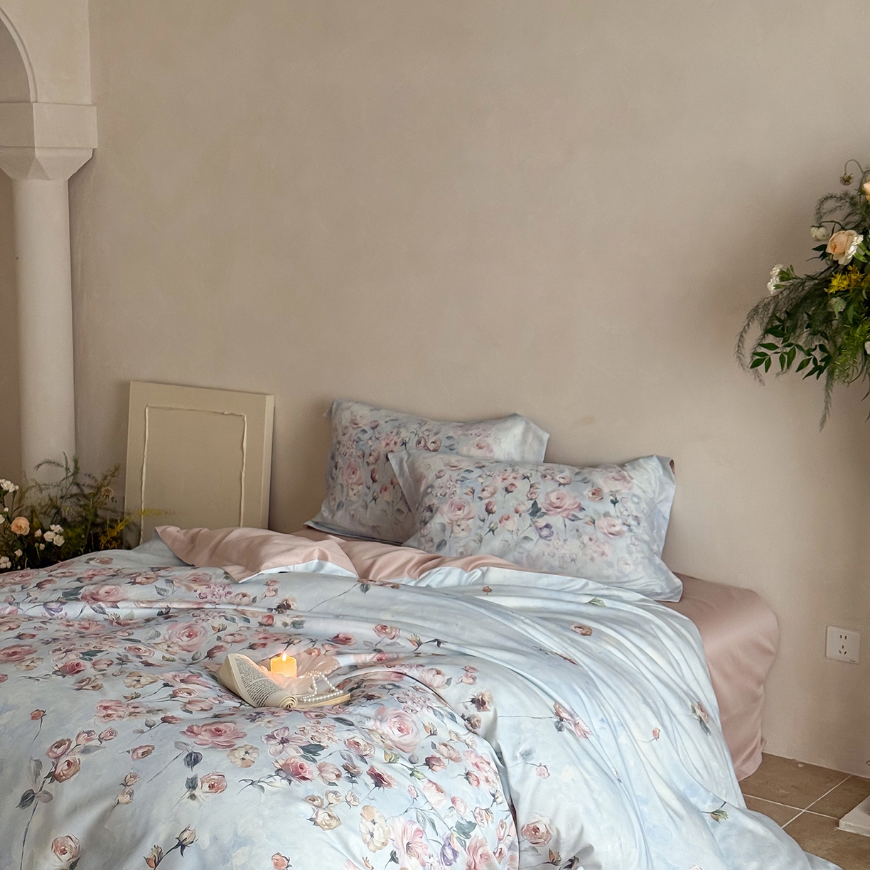 91家纺网 家纺一手货源 找家纺 禾时 2025新款天丝棉磨毛数码印花四件套 玫瑰日记-蓝