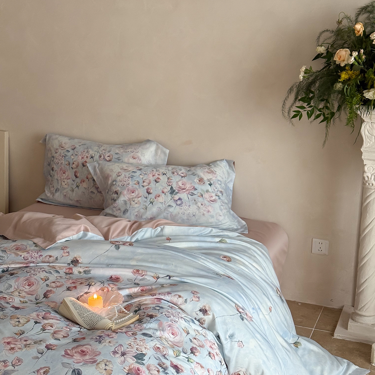 91家纺网 家纺一手货源 找家纺 禾时 2025新款天丝棉磨毛数码印花四件套 玫瑰日记-蓝