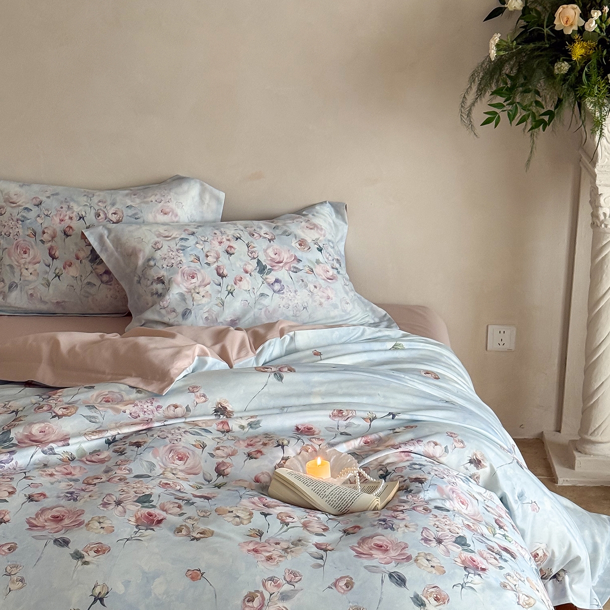 91家纺网 家纺一手货源 找家纺 禾时 2025新款天丝棉磨毛数码印花四件套 玫瑰日记-蓝