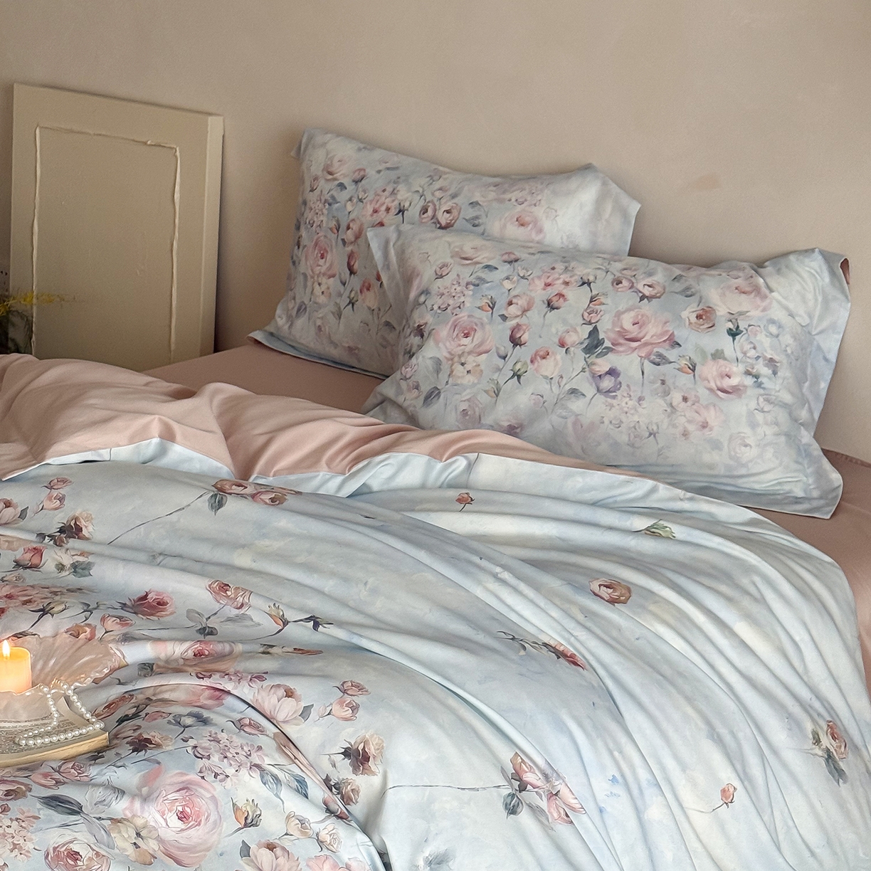 91家纺网 家纺一手货源 找家纺 禾时 2025新款天丝棉磨毛数码印花四件套 玫瑰日记-蓝