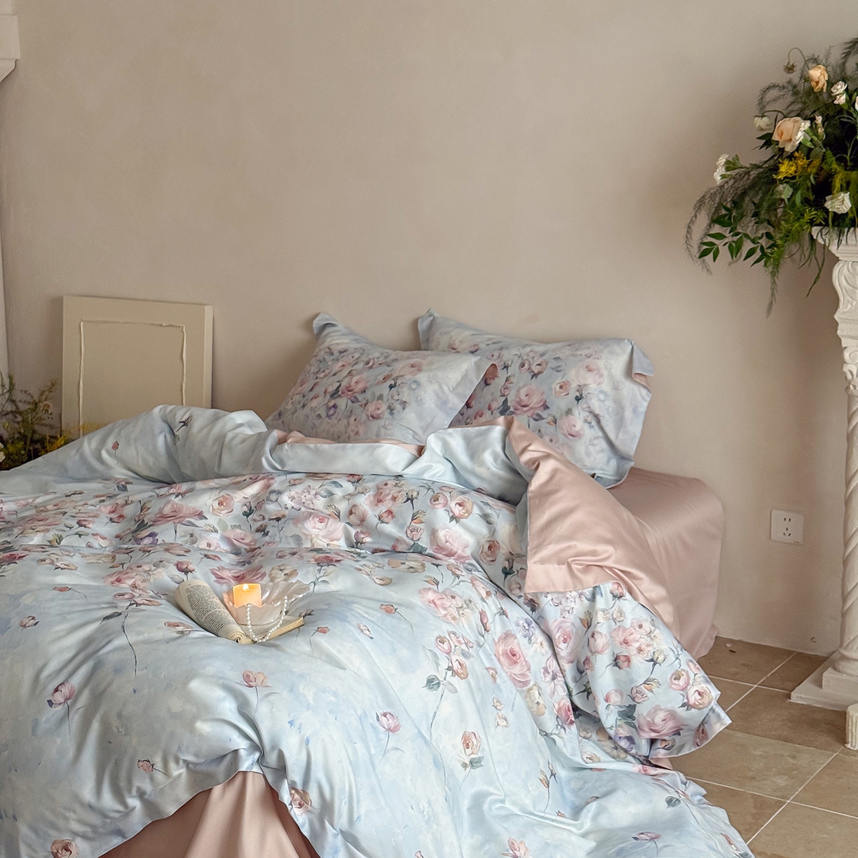 91家纺网 家纺一手货源 找家纺 禾时 2025新款天丝棉磨毛数码印花四件套 玫瑰日记-蓝