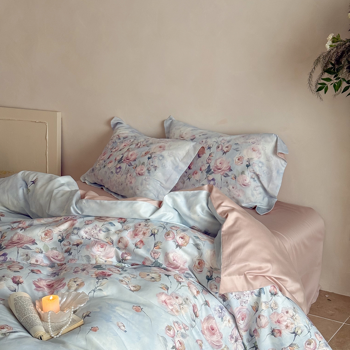 91家纺网 家纺一手货源 找家纺 禾时 2025新款天丝棉磨毛数码印花四件套 玫瑰日记-蓝