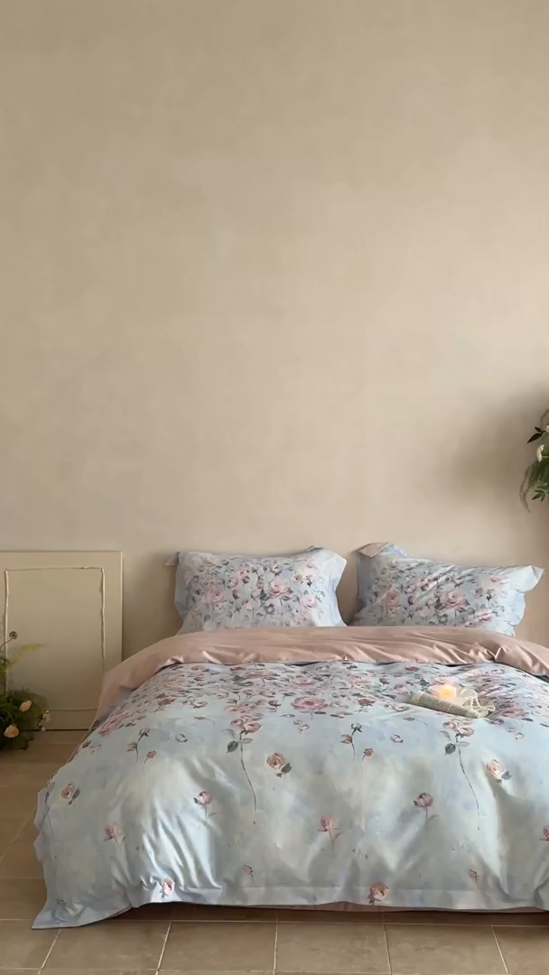 91家纺网 家纺一手货源 找家纺 禾时 2025新款天丝棉磨毛数码印花四件套 玫瑰日记-蓝