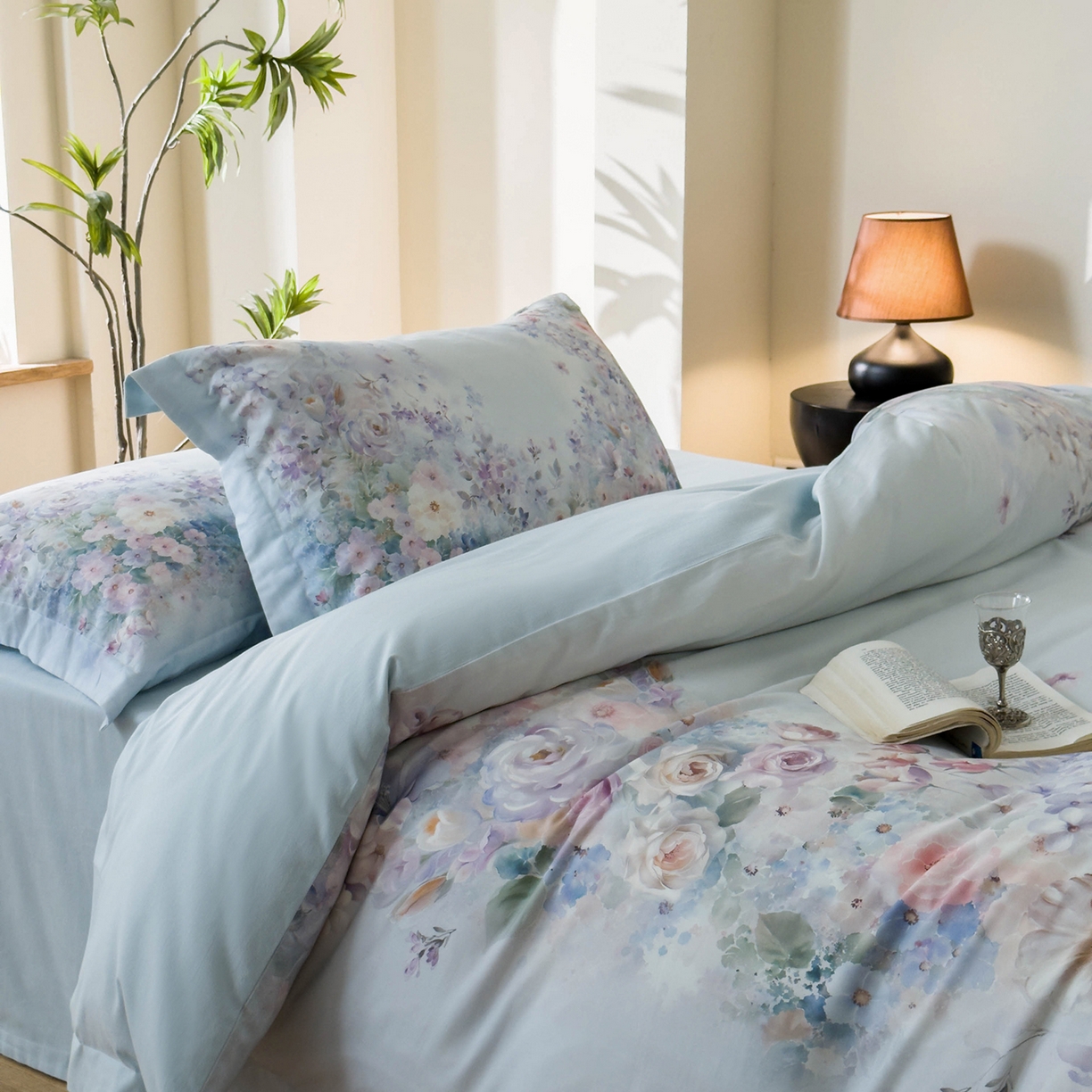 91家纺网 家纺一手货源 找家纺 禾时 2025新款天丝棉磨毛数码印花四件套 梦境-蓝