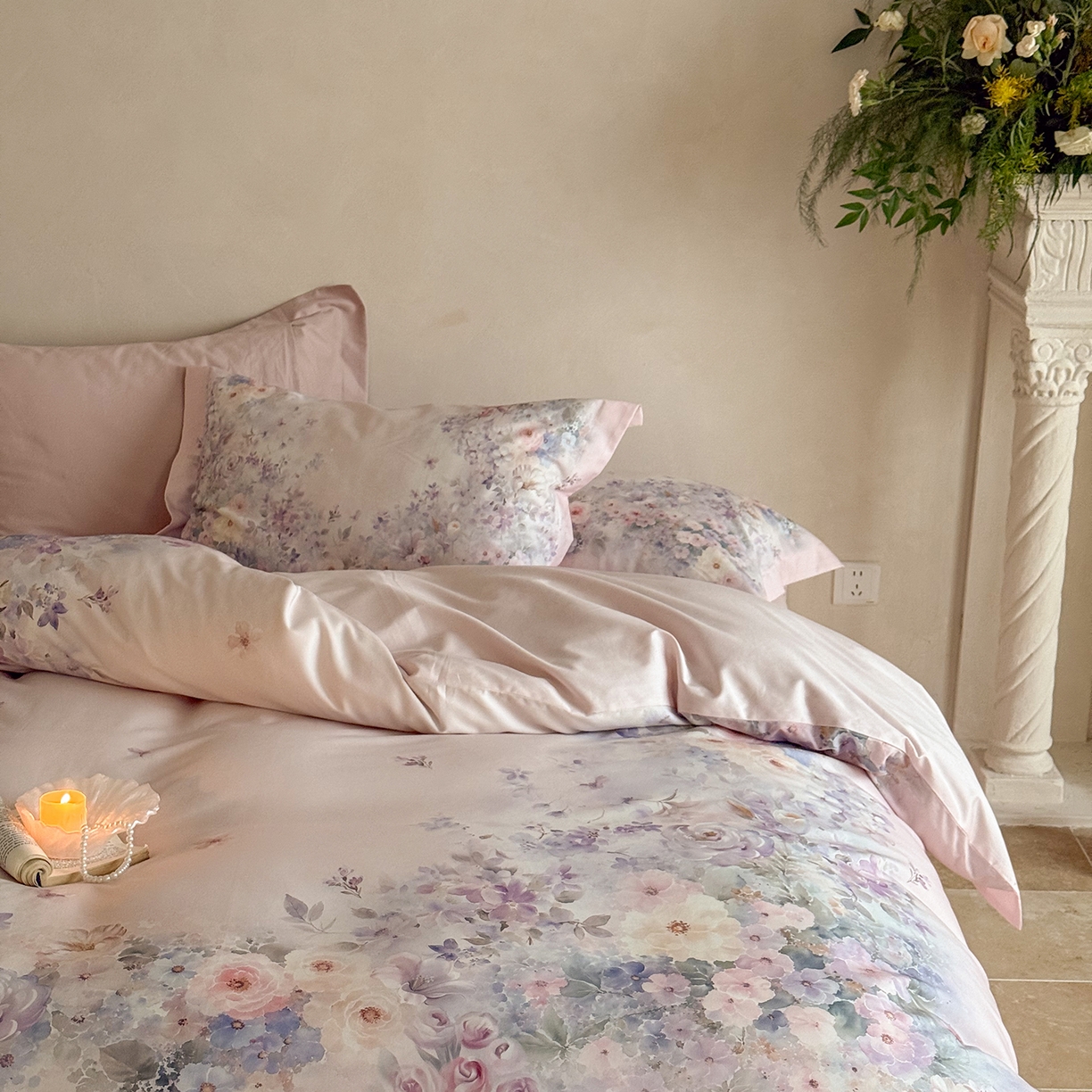 91家纺网 家纺一手货源 找家纺 禾时 2025新款天丝棉磨毛数码印花四件套 梦境-紫