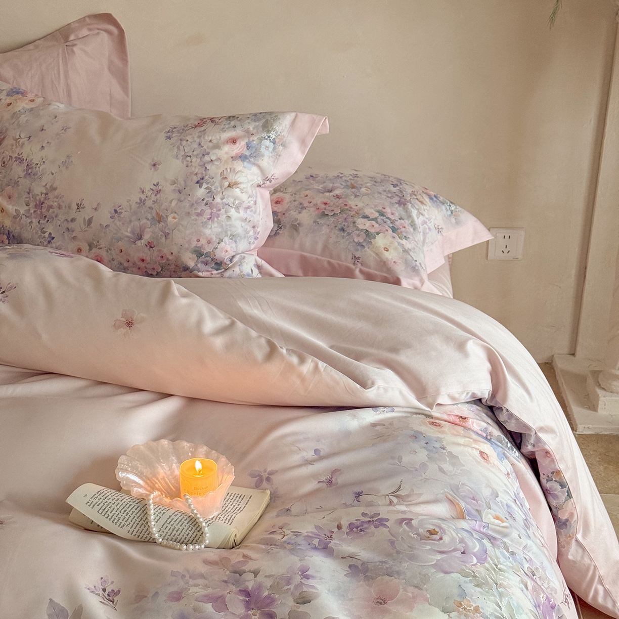 91家纺网 家纺一手货源 找家纺 禾时 2025新款天丝棉磨毛数码印花四件套 梦境-紫