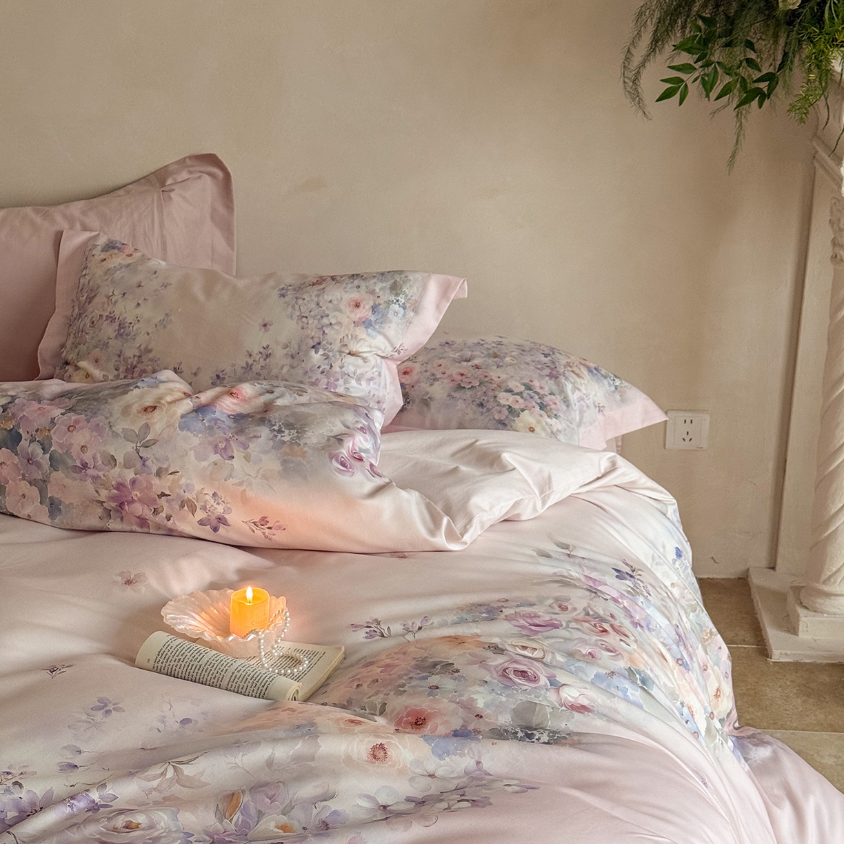 91家纺网 家纺一手货源 找家纺 禾时 2025新款天丝棉磨毛数码印花四件套 梦境-紫