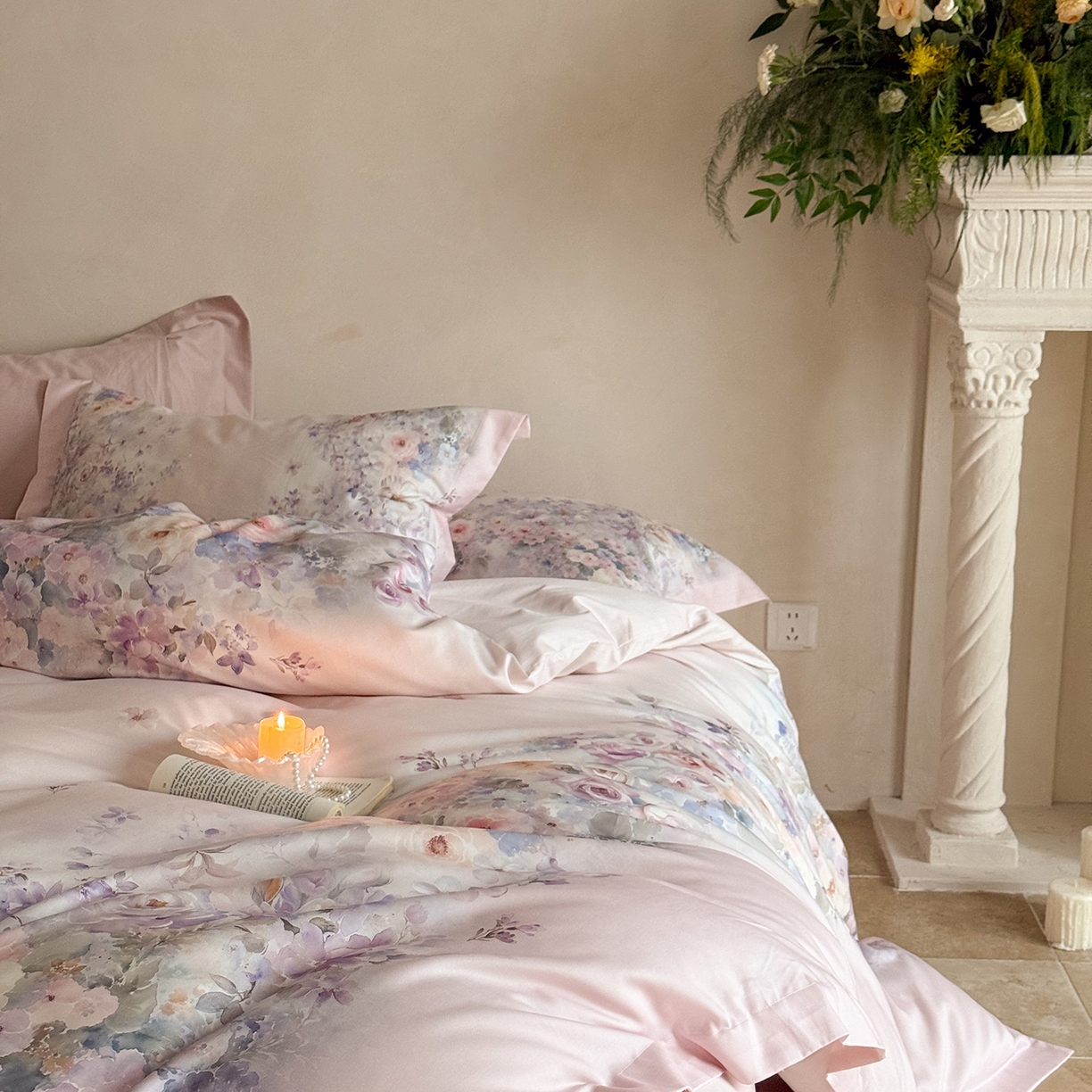 91家纺网 家纺一手货源 找家纺 禾时 2025新款天丝棉磨毛数码印花四件套 梦境-紫