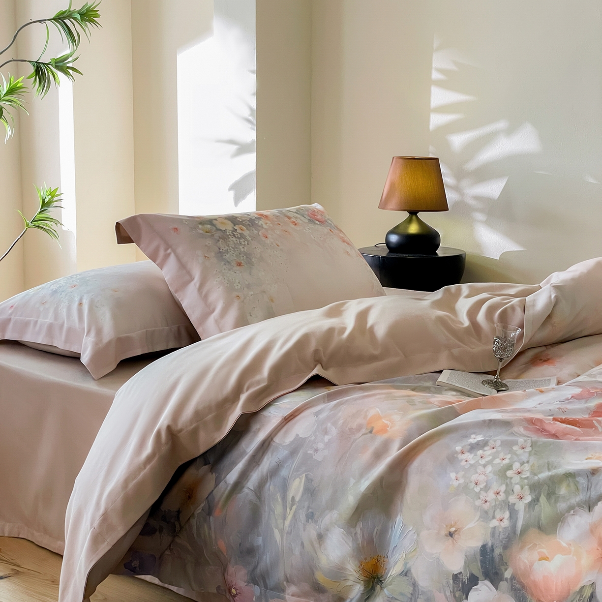 91家纺网 家纺一手货源 找家纺 禾时 2025新款天丝棉磨毛数码印花四件套 清浅-粉