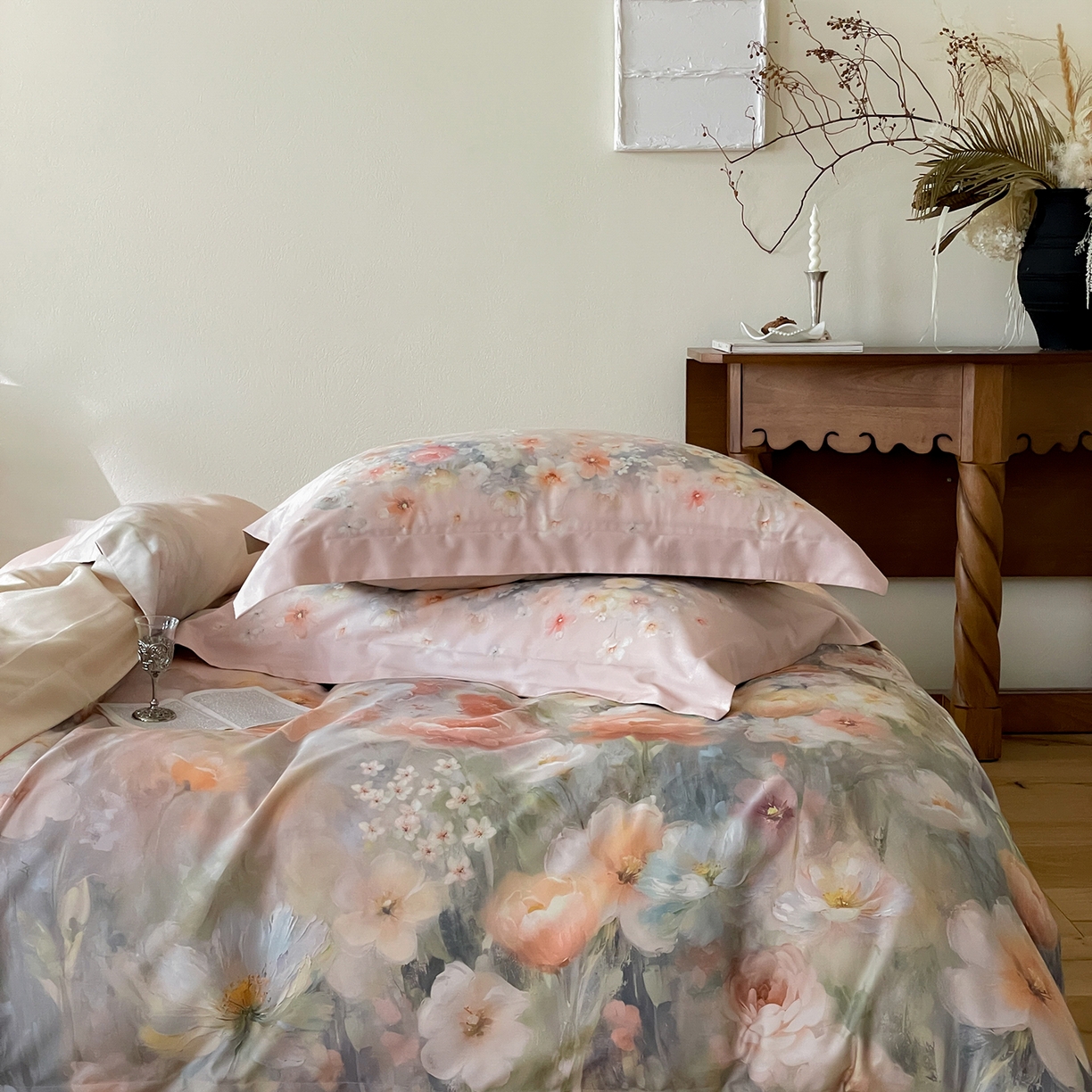 91家纺网 家纺一手货源 找家纺 禾时 2025新款天丝棉磨毛数码印花四件套 清浅-粉