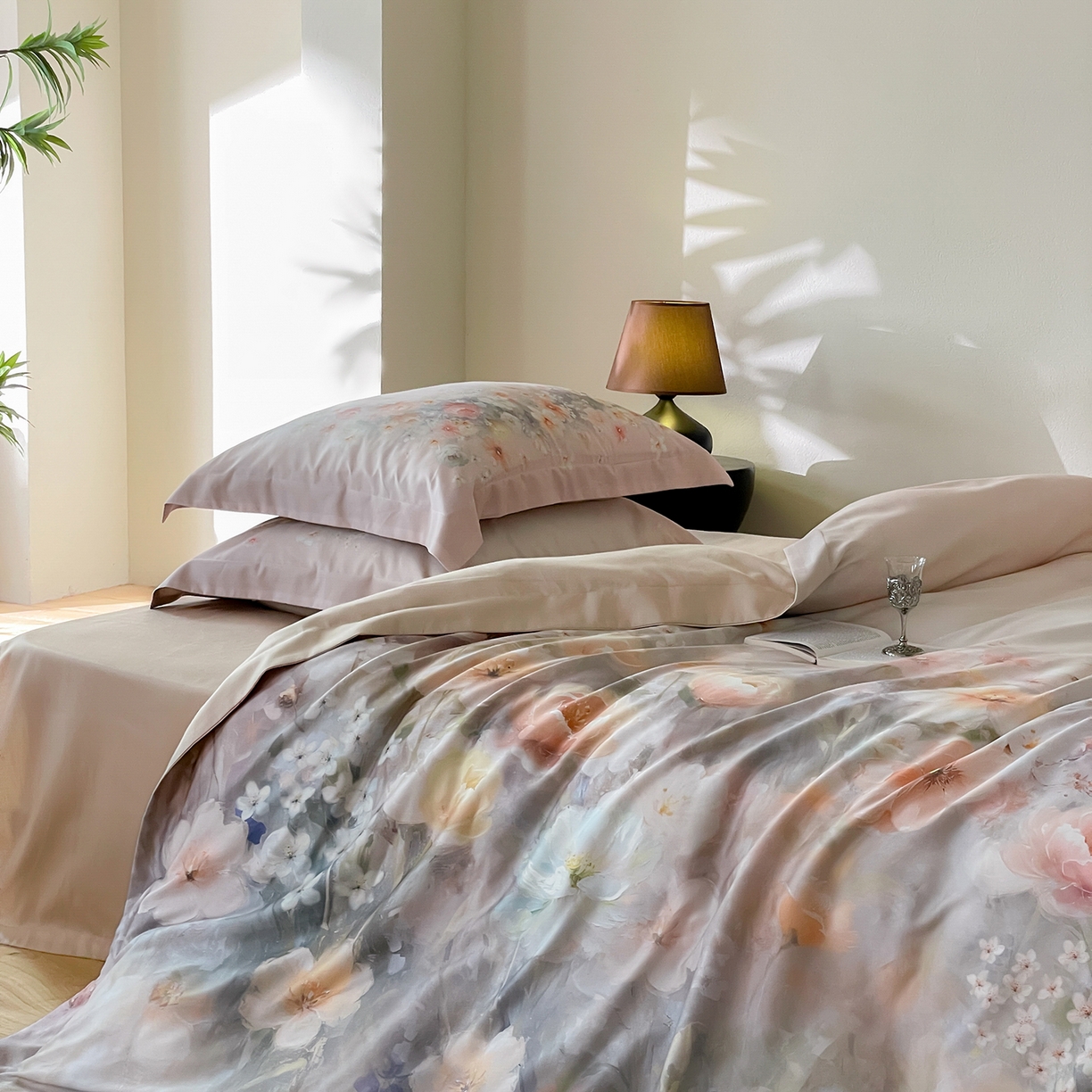 91家纺网 家纺一手货源 找家纺 禾时 2025新款天丝棉磨毛数码印花四件套 清浅-粉