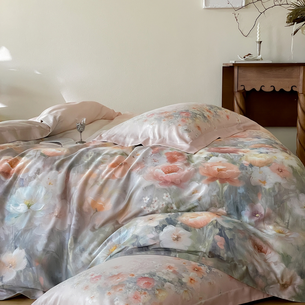 91家纺网 家纺一手货源 找家纺 禾时 2025新款天丝棉磨毛数码印花四件套 清浅-粉