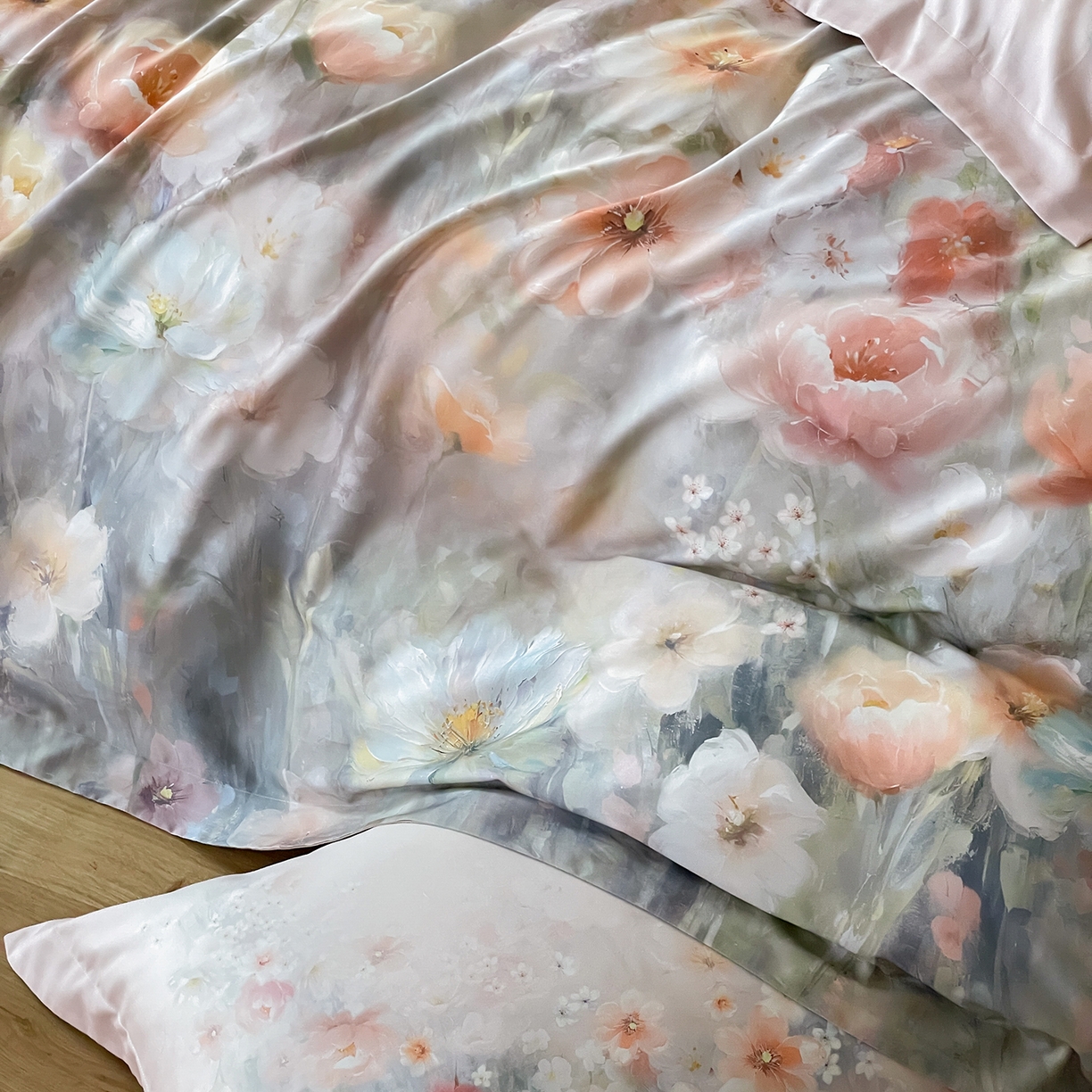 91家纺网 家纺一手货源 找家纺 禾时 2025新款天丝棉磨毛数码印花四件套 清浅-粉