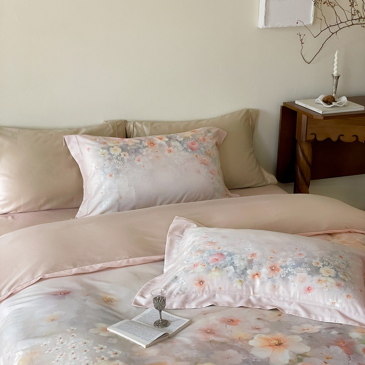 91家纺网 家纺一手货源 找家纺 禾时 2025新款天丝棉磨毛数码印花四件套 清浅-粉