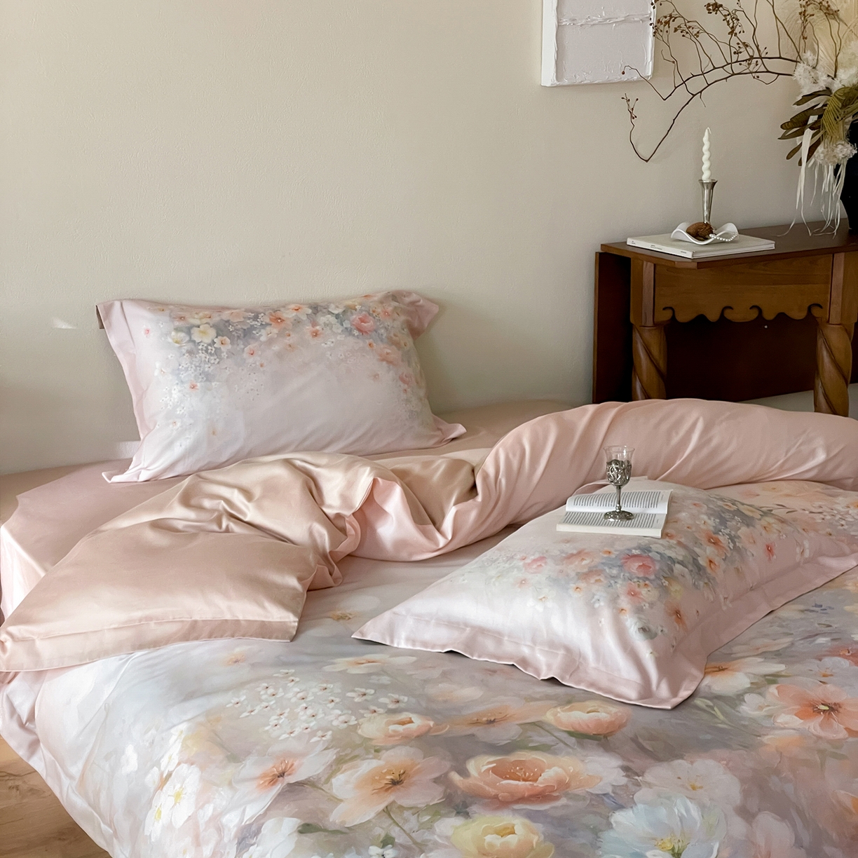 91家纺网 家纺一手货源 找家纺 禾时 2025新款天丝棉磨毛数码印花四件套 清浅-粉