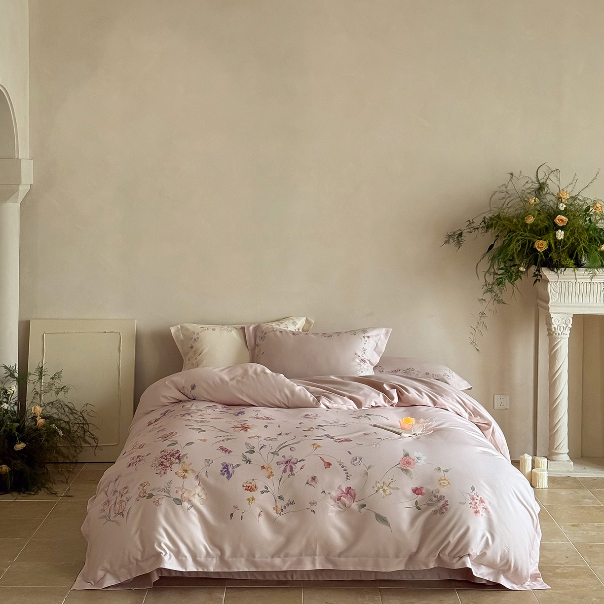 禾时 2025新款天丝棉磨毛数码印花四件套 拾光里-粉