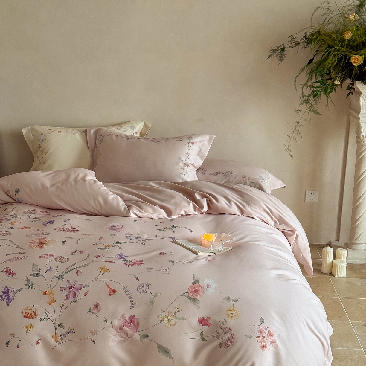 91家纺网 家纺一手货源 找家纺 禾时 2025新款天丝棉磨毛数码印花四件套 拾光里-粉