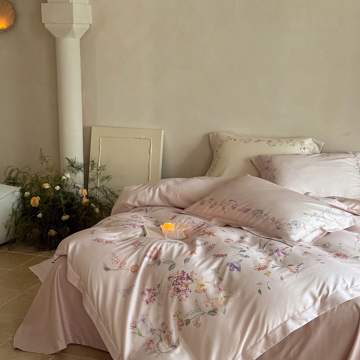 91家纺网 家纺一手货源 找家纺 禾时 2025新款天丝棉磨毛数码印花四件套 拾光里-粉