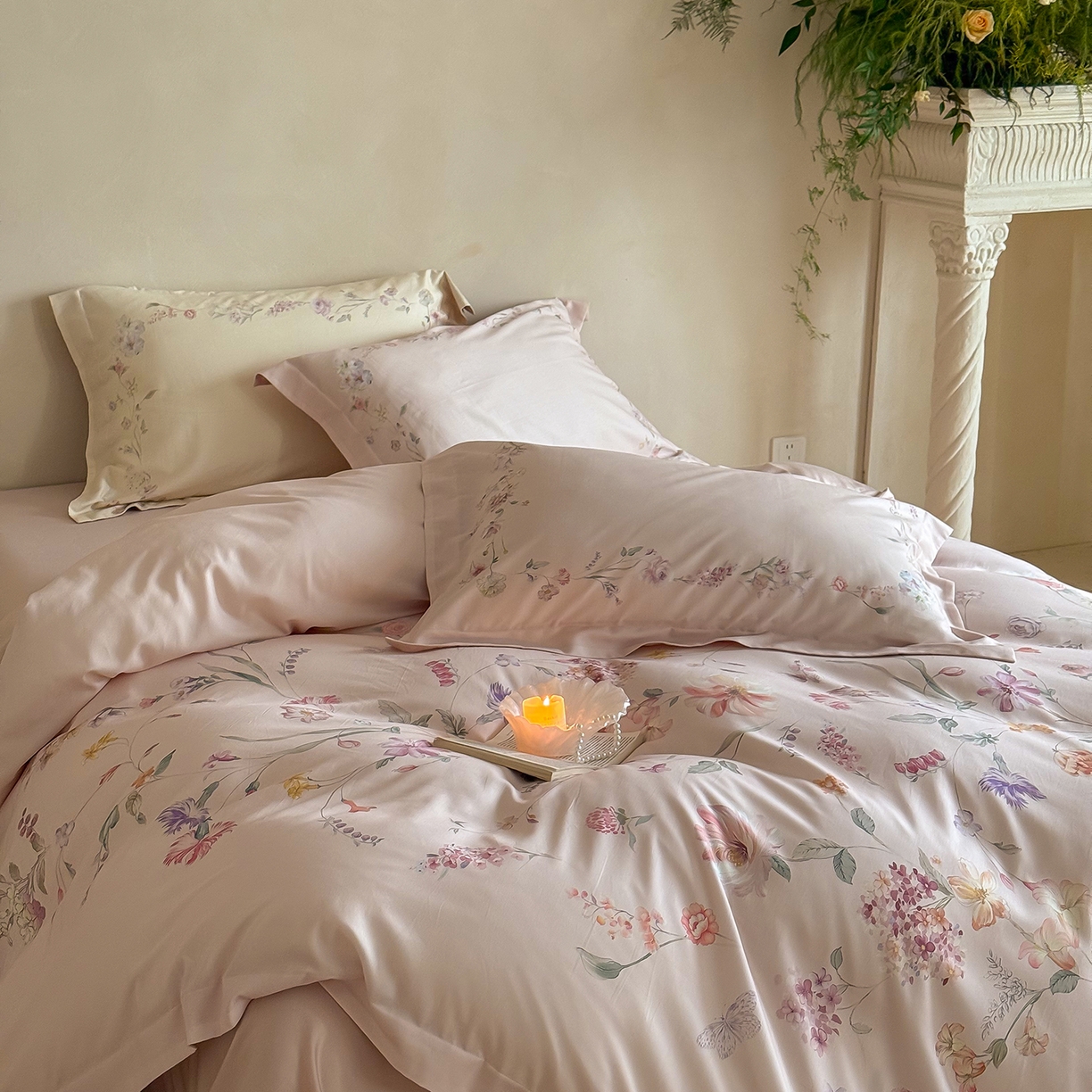 91家纺网 家纺一手货源 找家纺 禾时 2025新款天丝棉磨毛数码印花四件套 拾光里-粉