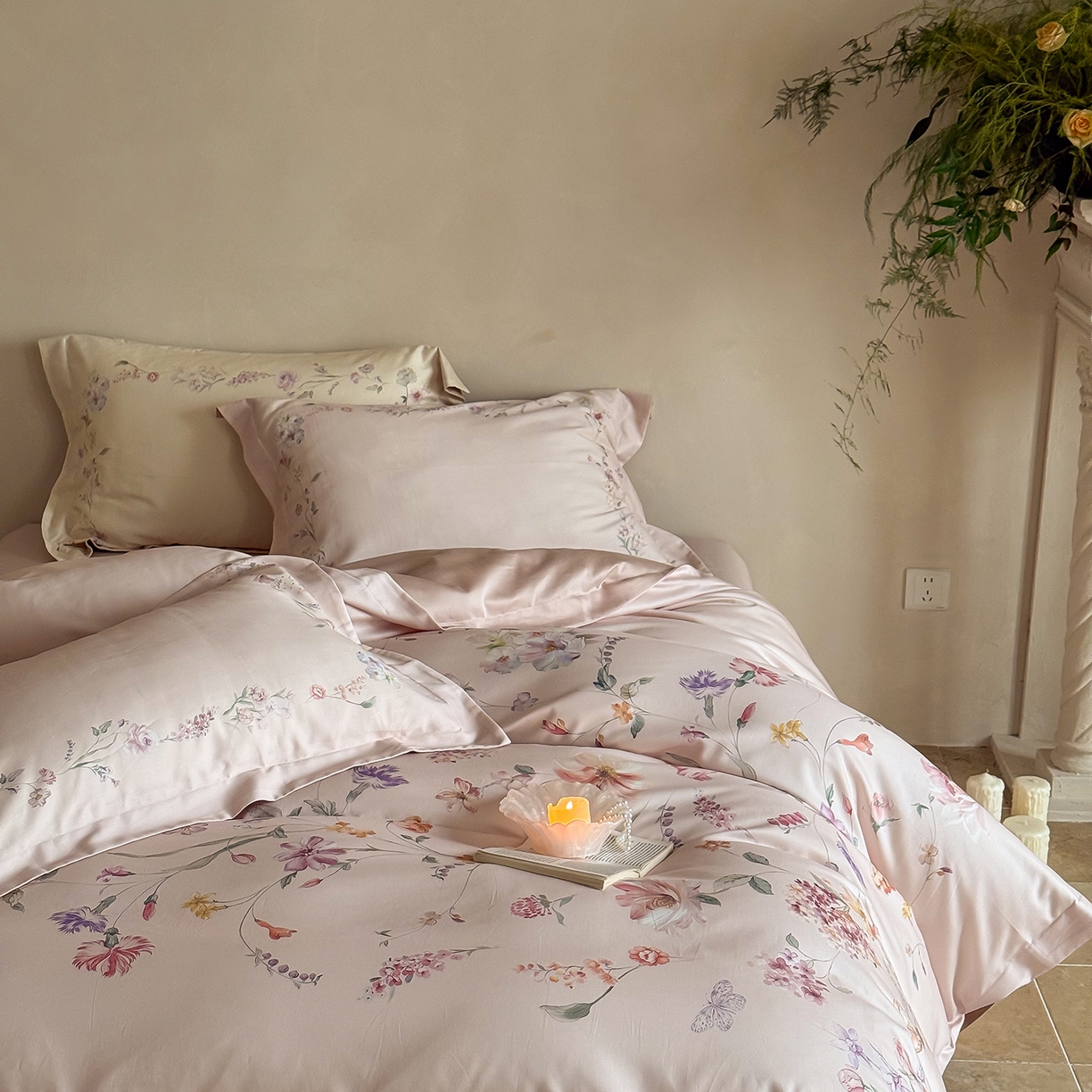 91家纺网 家纺一手货源 找家纺 禾时 2025新款天丝棉磨毛数码印花四件套 拾光里-粉