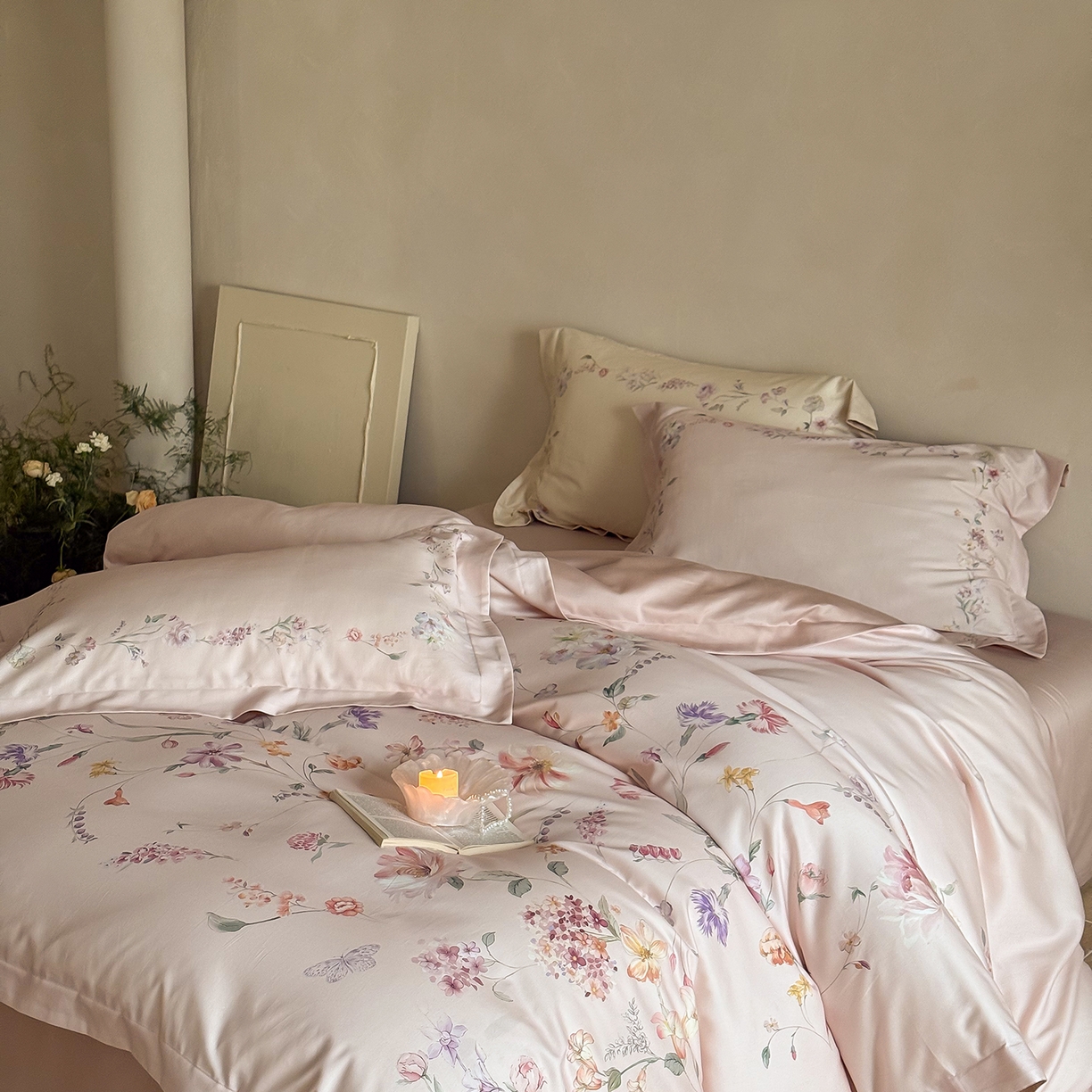 91家纺网 家纺一手货源 找家纺 禾时 2025新款天丝棉磨毛数码印花四件套 拾光里-粉