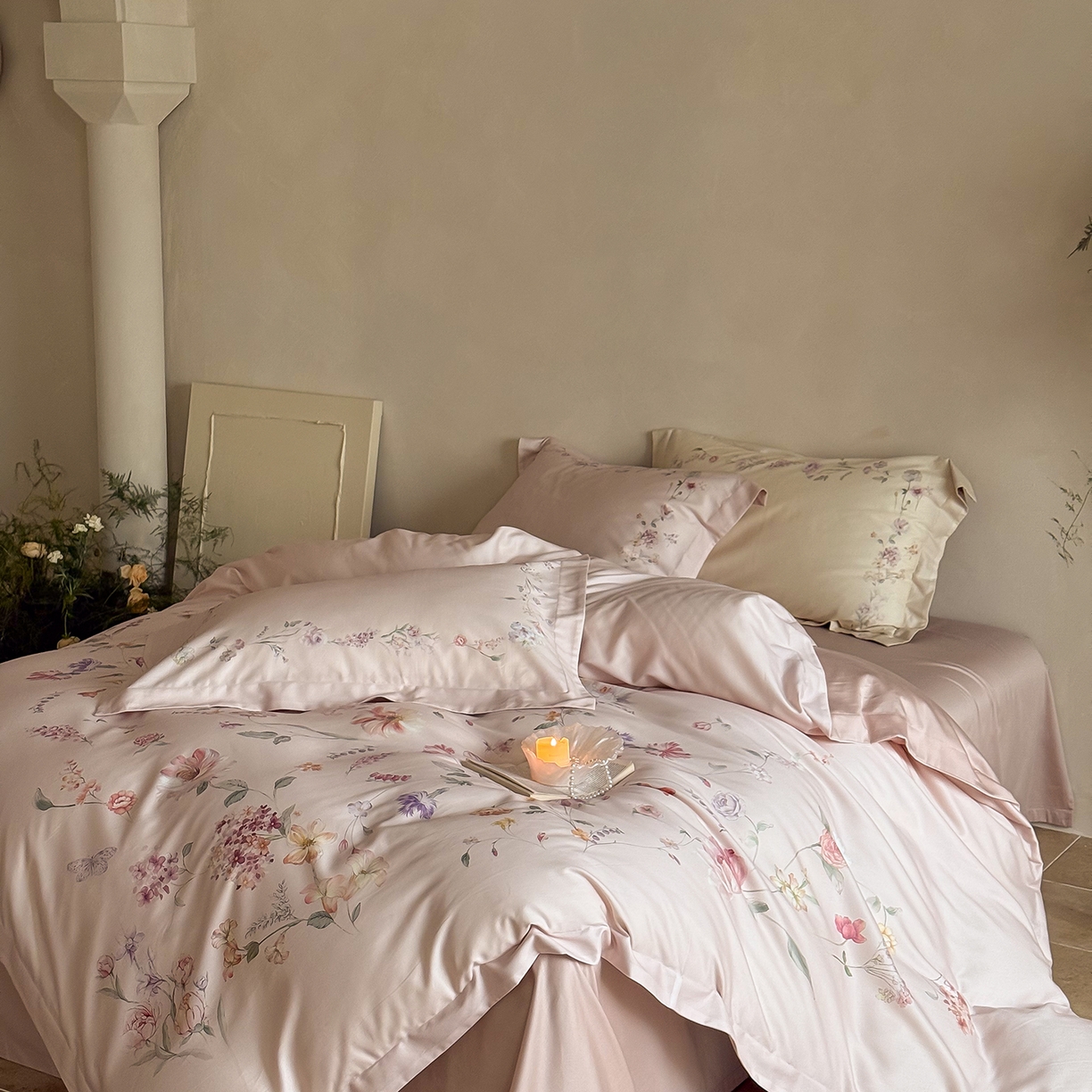 91家纺网 家纺一手货源 找家纺 禾时 2025新款天丝棉磨毛数码印花四件套 拾光里-粉