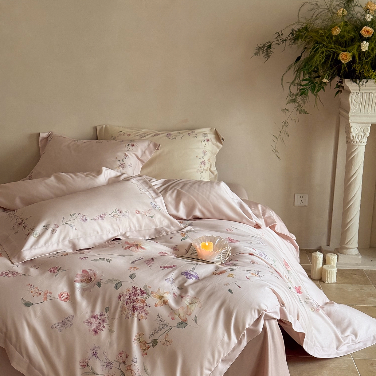 91家纺网 家纺一手货源 找家纺 禾时 2025新款天丝棉磨毛数码印花四件套 拾光里-粉