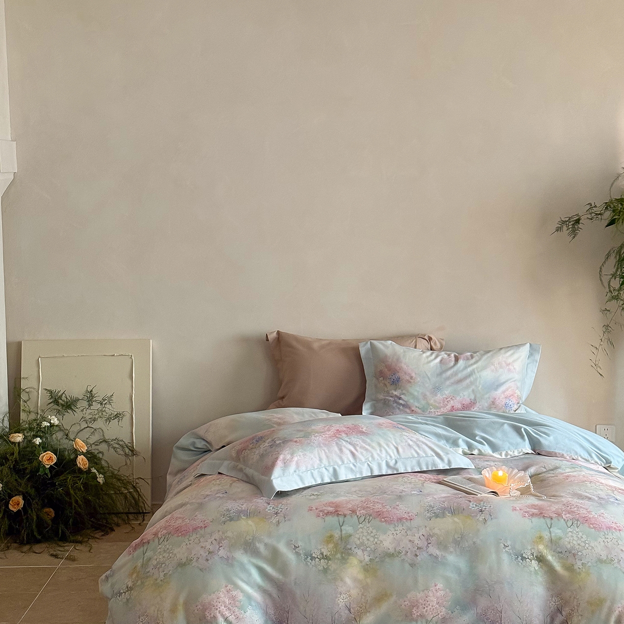 91家纺网 家纺一手货源 找家纺 禾时 2025新款天丝棉磨毛数码印花四件套 桃喜-粉