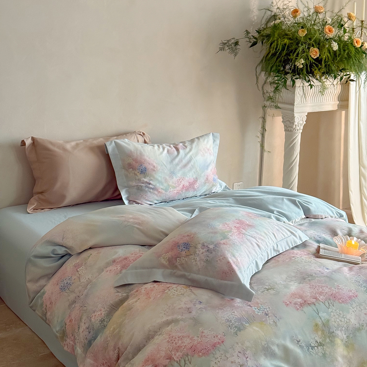 91家纺网 家纺一手货源 找家纺 禾时 2025新款天丝棉磨毛数码印花四件套 桃喜-粉