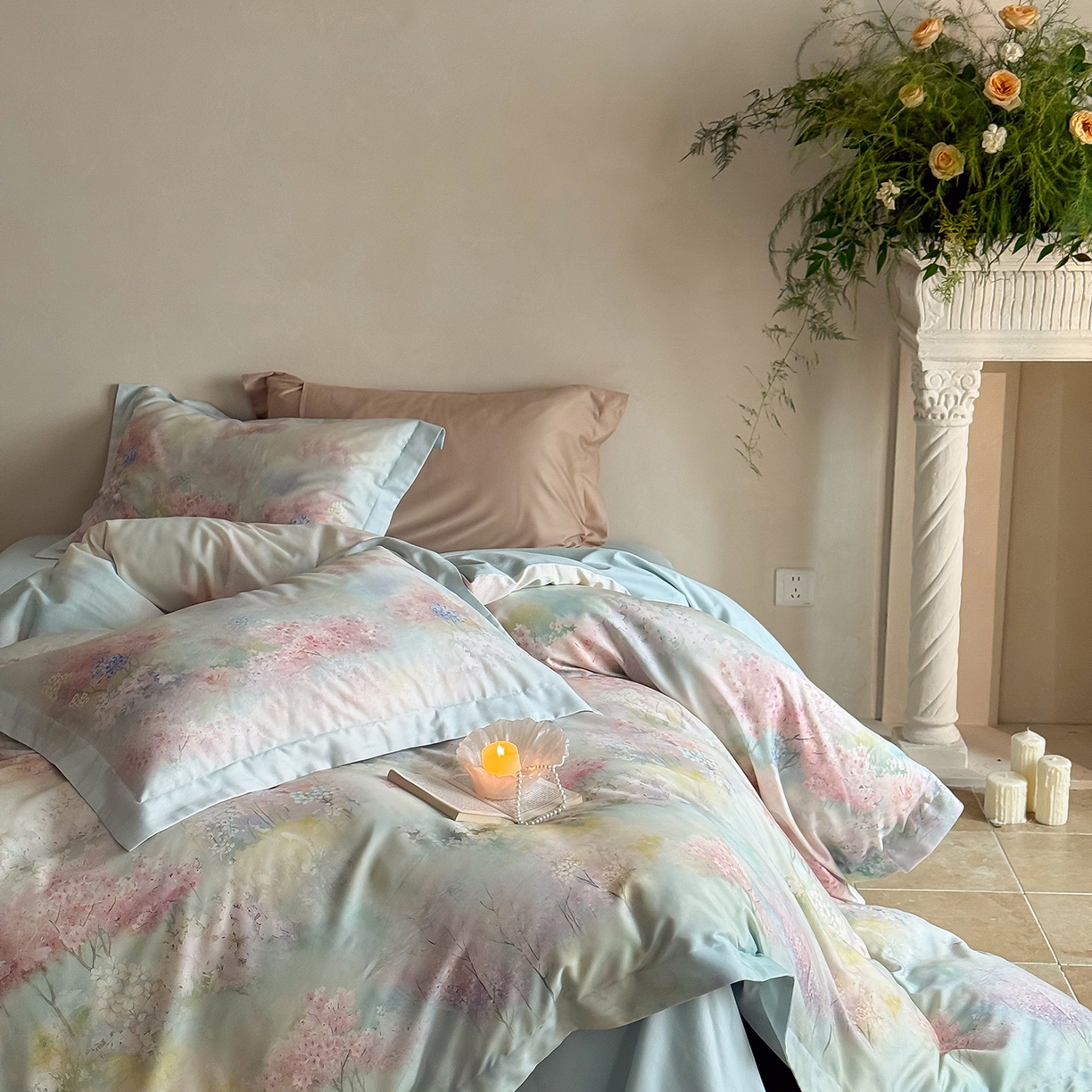 91家纺网 家纺一手货源 找家纺 禾时 2025新款天丝棉磨毛数码印花四件套 桃喜-粉