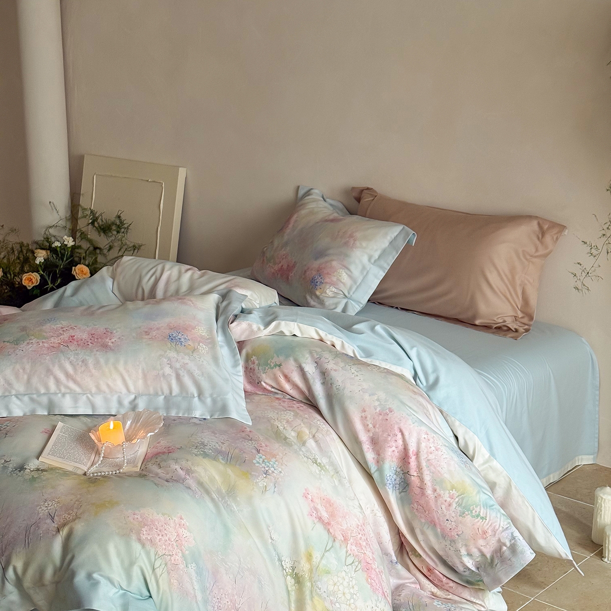 91家纺网 家纺一手货源 找家纺 禾时 2025新款天丝棉磨毛数码印花四件套 桃喜-粉