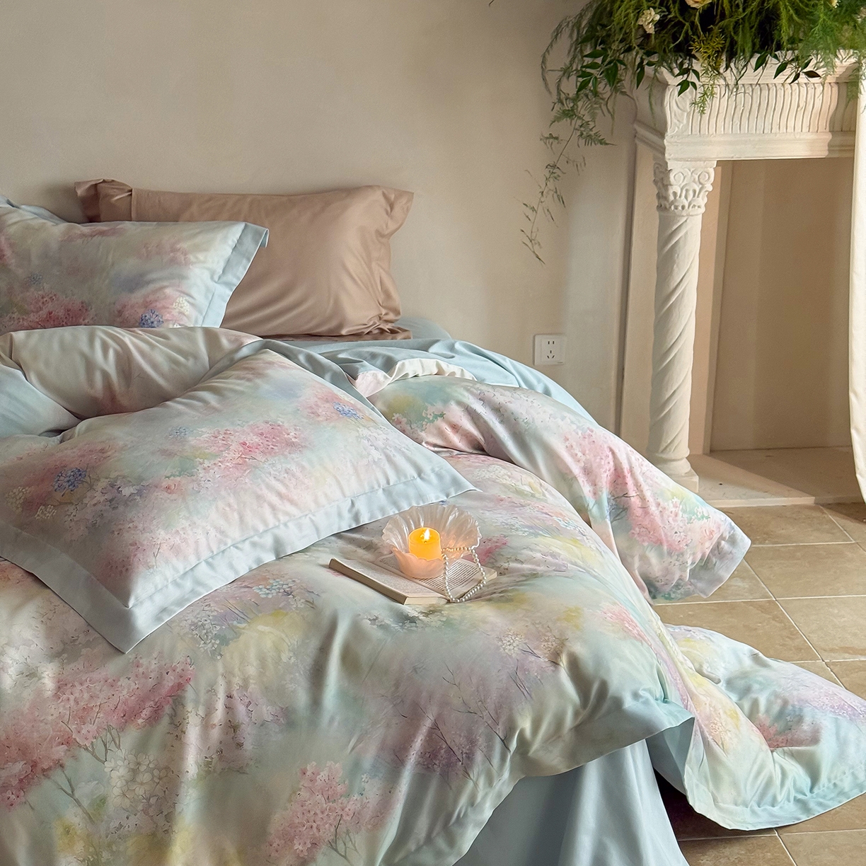 91家纺网 家纺一手货源 找家纺 禾时 2025新款天丝棉磨毛数码印花四件套 桃喜-粉