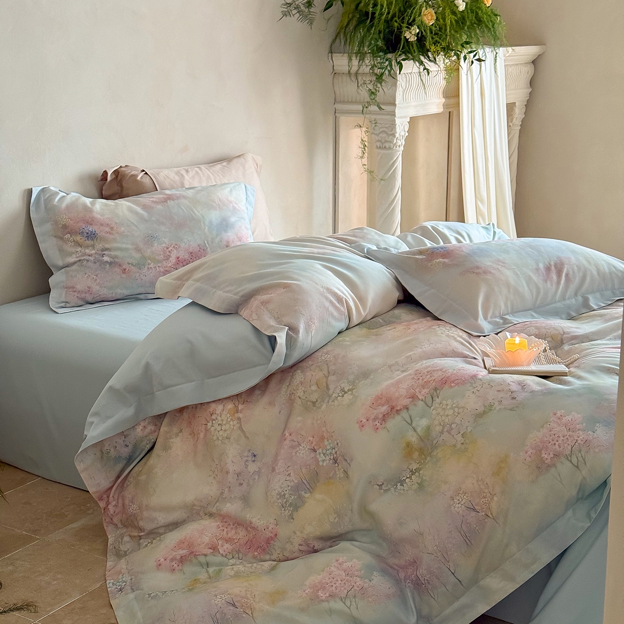 91家纺网 家纺一手货源 找家纺 禾时 2025新款天丝棉磨毛数码印花四件套 桃喜-粉