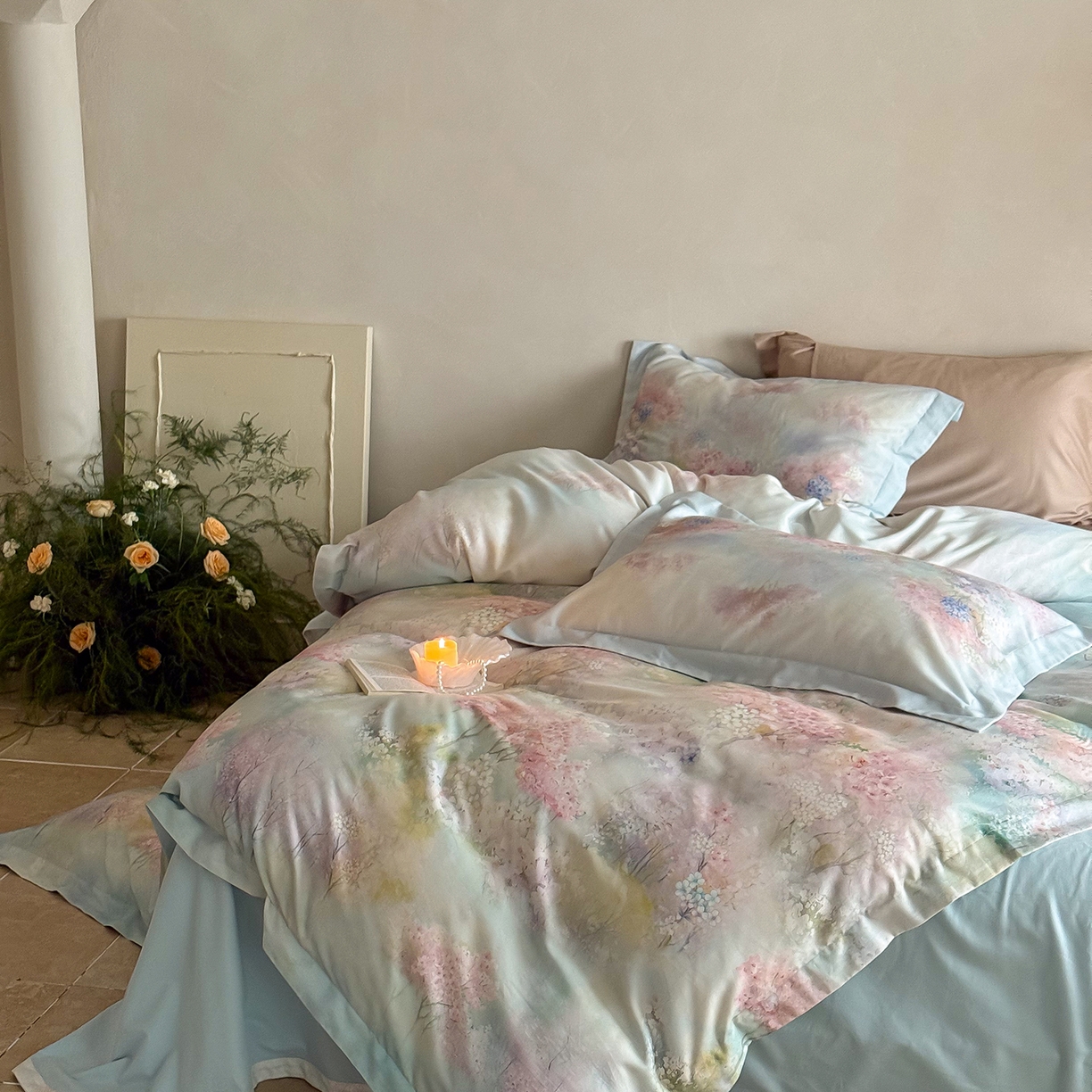 91家纺网 家纺一手货源 找家纺 禾时 2025新款天丝棉磨毛数码印花四件套 桃喜-粉