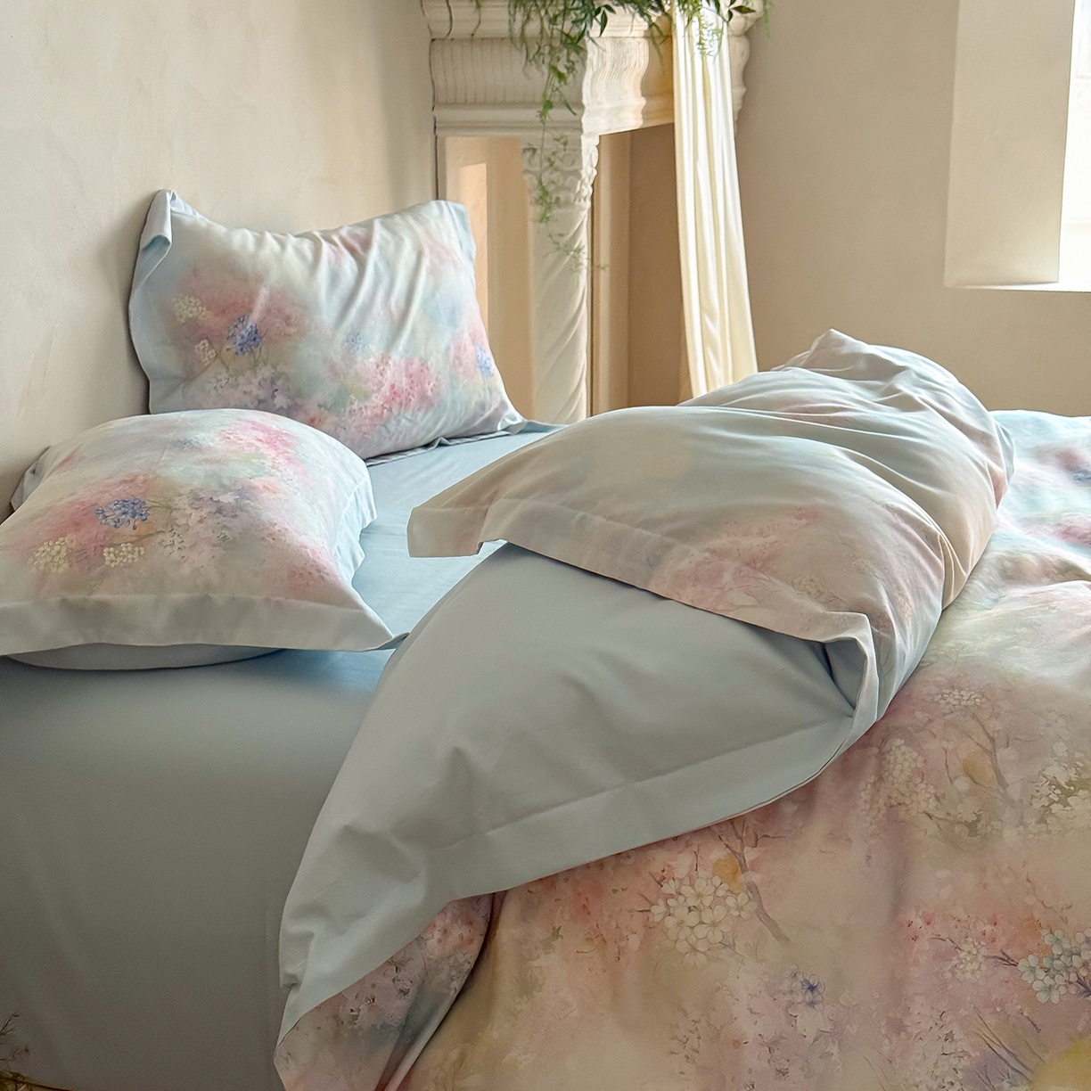 91家纺网 家纺一手货源 找家纺 禾时 2025新款天丝棉磨毛数码印花四件套 桃喜-粉