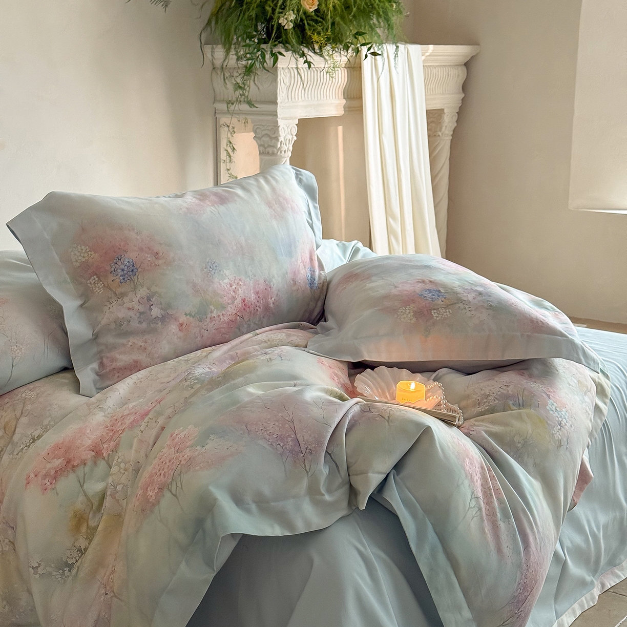 91家纺网 家纺一手货源 找家纺 禾时 2025新款天丝棉磨毛数码印花四件套 桃喜-粉