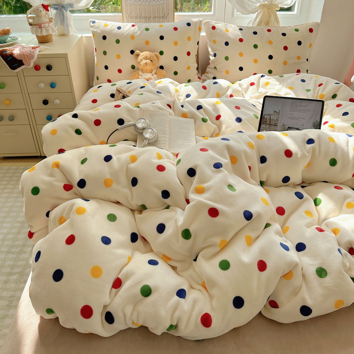 91家纺网 家纺一手货源 找家纺 优选 2025新款小清新加厚高克重牛奶绒四件套直播爆款电商爆款奇异波点