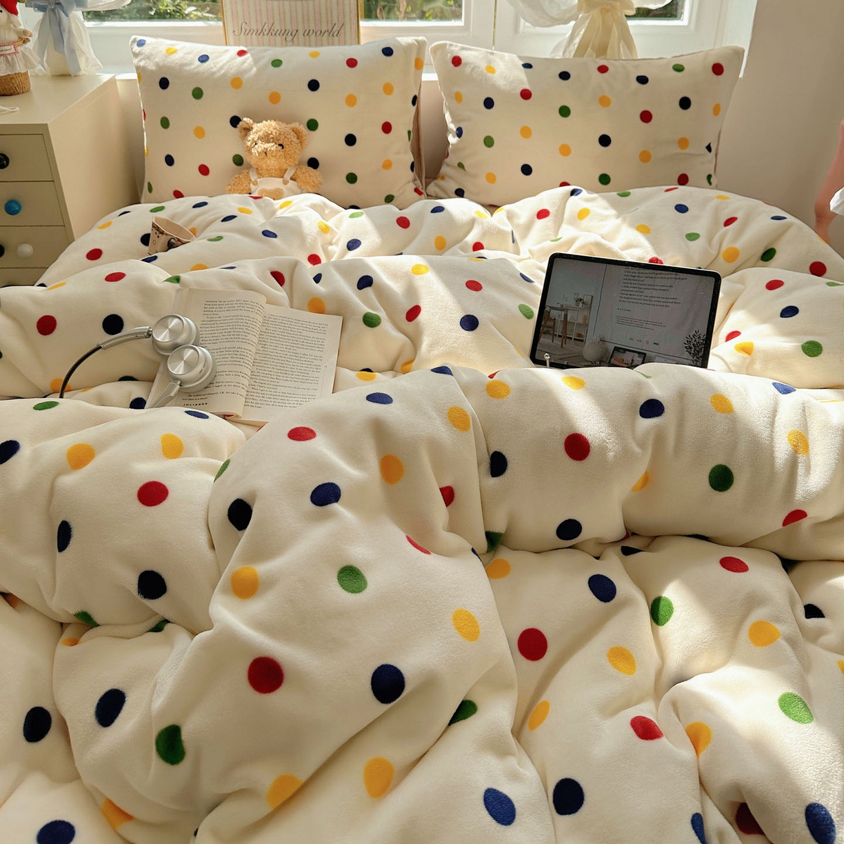 91家纺网 家纺一手货源 找家纺 优选 2025新款小清新加厚高克重牛奶绒四件套直播爆款电商爆款奇异波点