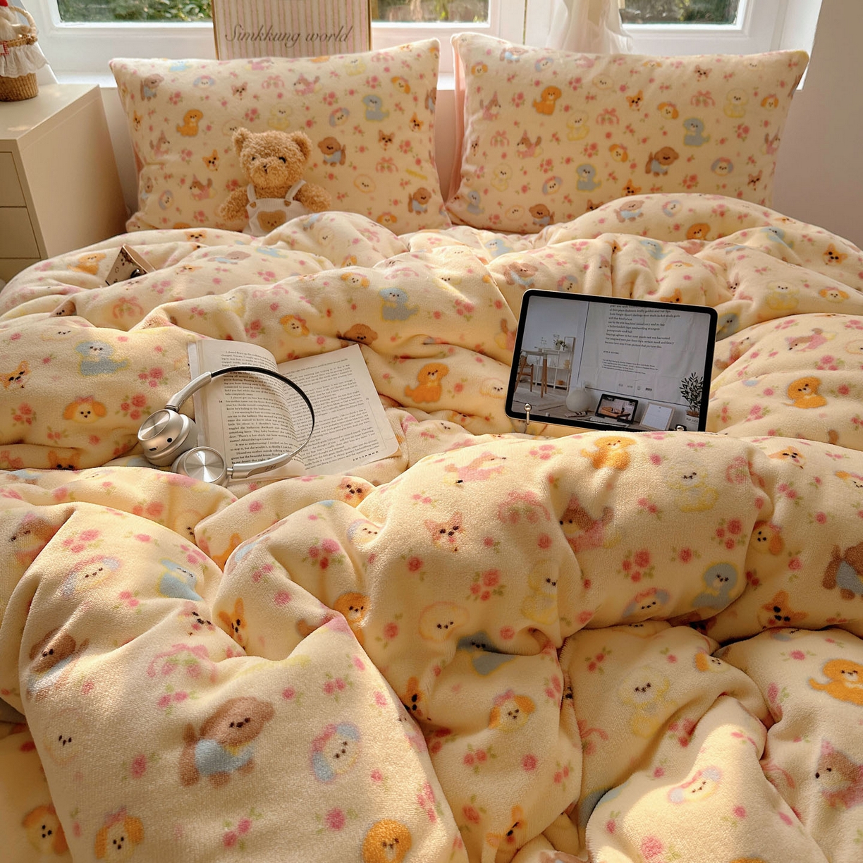 91家纺网 家纺一手货源 找家纺 优选 2025新款小清新加厚高克重牛奶绒四件套直播爆款电商爆款小狗乐园